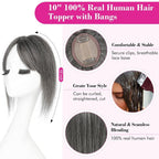 Hair Toppers Real Human Hair 10 inch with Bangs for Women Thinning Hair Dark Grey