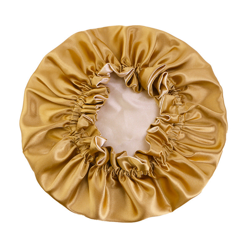 Wooden ear satin double-layer nightcap African style contrast color headscarf cap home round cap solid color beauty perm cap