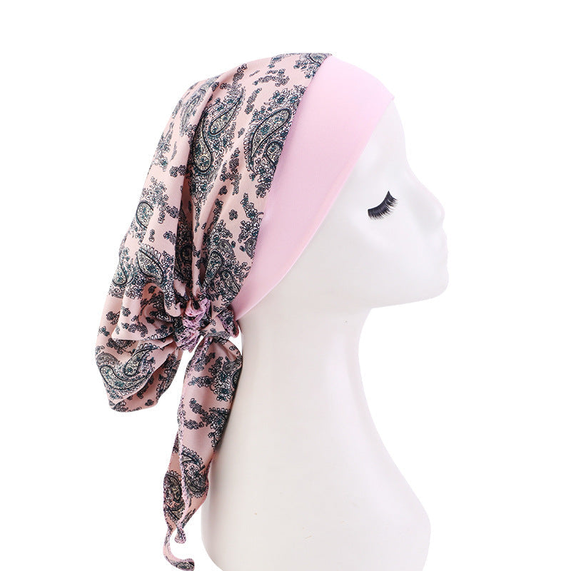 Amazon Women's Silk Chemotherapy Hat Nightcap Printed Band Tapes Hat Ethnic Hair Care Hat JDT-329D