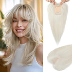 Human Hair Toppers for women 10 Inch Clip in Bangs 100％ Human Hair Toppers for Thinning Hair Cover Hair Pieces with Silk Base-Silver White