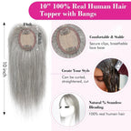 Hair Toppers Real Human Hair 10 inch with Bangs for Women Thinning Hair Dark Grey