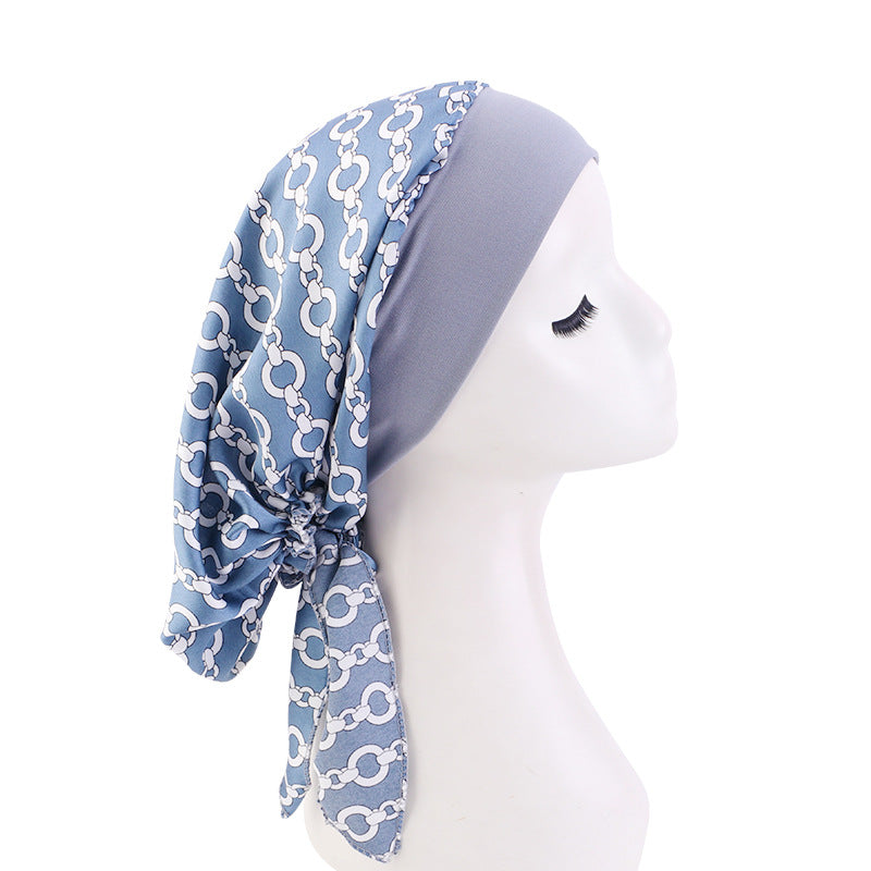 Amazon Women's Silk Chemotherapy Hat Nightcap Printed Band Tapes Hat Ethnic Hair Care Hat JDT-329D