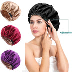 Cross-border supply of colored nightcap invisible flat adjustable buckle silk double shower cap beauty hair care hat