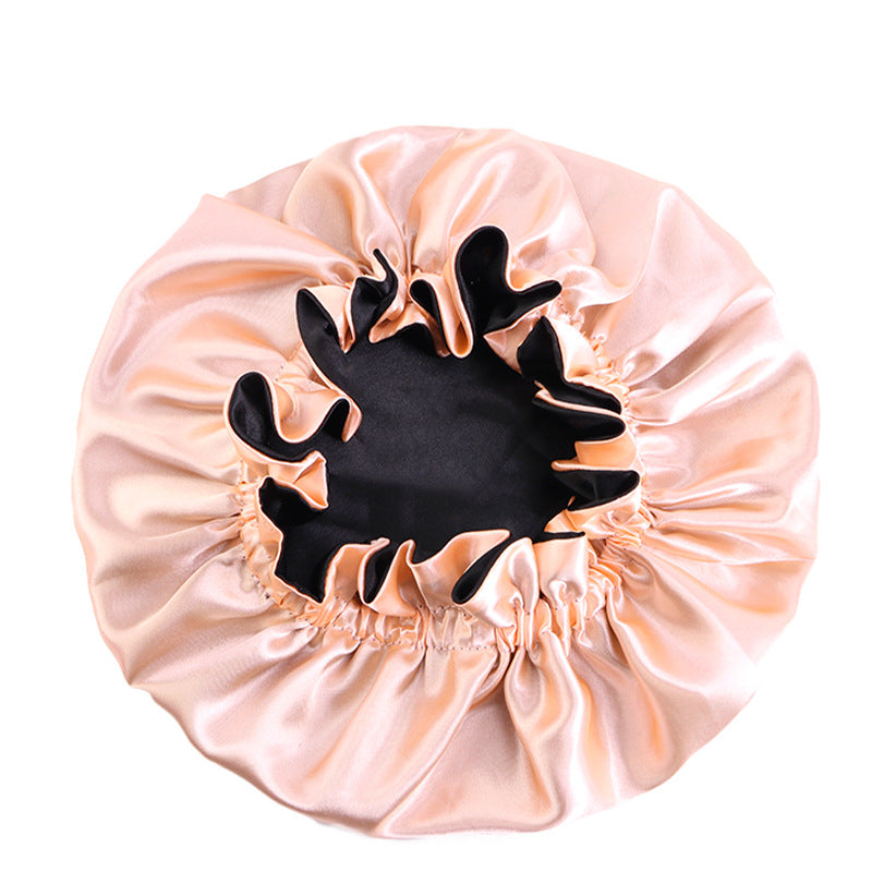 Wooden ear satin double-layer nightcap African style contrast color headscarf cap home round cap solid color beauty perm cap