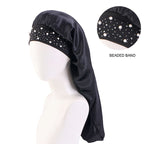 AliExpress hot sale starry Pearl Diamond wide-brimmed satin nightcap long hair care cap long hair shower cap