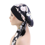 Pastoral Style Elastic Wide-Brimmed Imitation Silk Turban Hat, Long Tail Braid Hat, Chemotherapy Hat, Cross-Border Supply