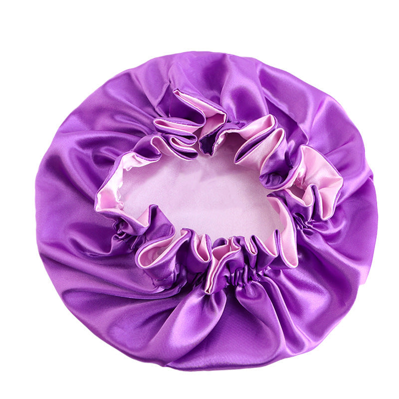 Wooden ear satin double-layer nightcap African style contrast color headscarf cap home round cap solid color beauty perm cap