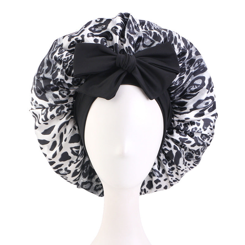 Cross-Border Large Leopard Print Ribbon Sleep Cap, Knotted Hair Protection Cap, Tie-On Shower Cap, Postpartum Cap Jdb-408J-2