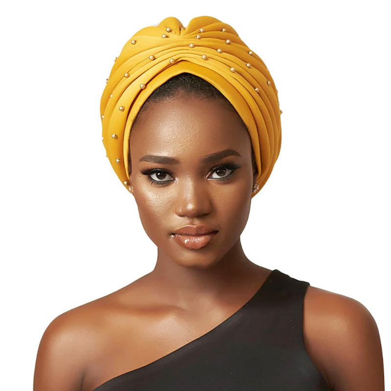 Amazon hot sale pearl diamond knotted headscarf hat ethnic pleated headscarf hat Indian hat JDT-486A-1