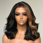 Perruques Ondulées avec Mèches Blondes 100% Cheveux Humains