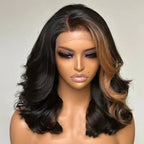 Perruques Ondulées avec Mèches Blondes 100% Cheveux Humains