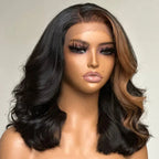 Perruques Ondulées avec Mèches Blondes 100% Cheveux Humains