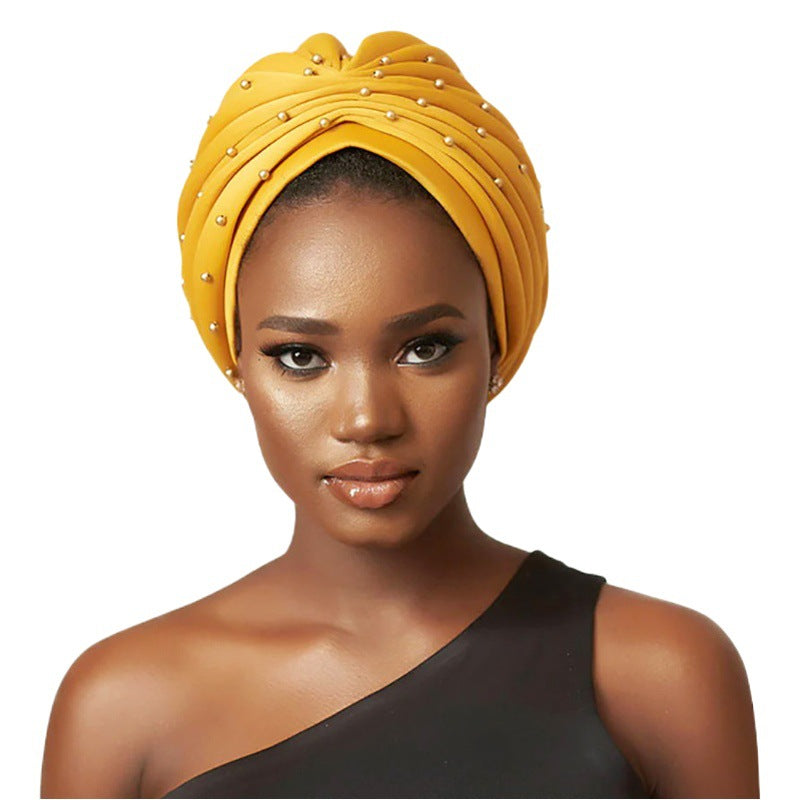 Amazon hot sale pearl diamond knotted headscarf hat ethnic pleated headscarf hat Indian hat JDT-486A-1