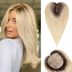 Hair Toppers for Women Real Human Hair 5"*5.5"Large Coverage Brown with Blond Highlight Hair Topper No Bangs