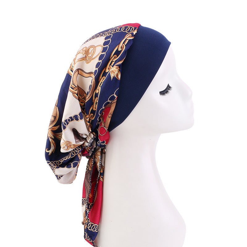 Pastoral Style Elastic Wide-Brimmed Imitation Silk Turban Hat, Long Tail Braid Hat, Chemotherapy Hat, Cross-Border Supply