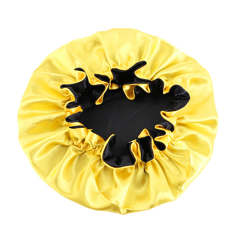 Wooden ear satin double-layer nightcap African style contrast color headscarf cap home round cap solid color beauty perm cap