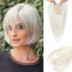 Human Hair Toppers for women 10 Inch Clip in Bangs 100％ Human Hair Toppers for Thinning Hair Cover Hair Pieces with Silk Base-Silver White