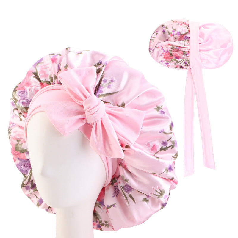 Amazon Source Double-Layer Printed Satin Sleep Cap with Wide Elastic Ribbon, Turban Hat, Tie-On Shower Cap