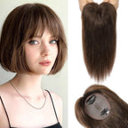 Hair Toppers Real Human Hair 10 inch with Bangs for Women Thinning Hair Dark Grey