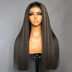 Highlight Brown Kinky Straight Human Hair Wig